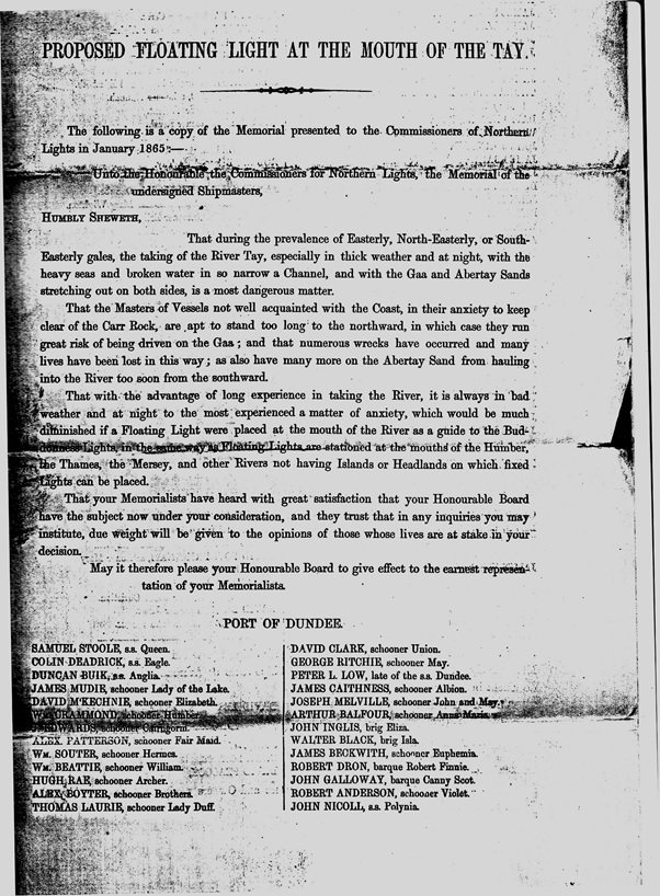 Copy of 1865 letter requesting a light at the Abertay sands